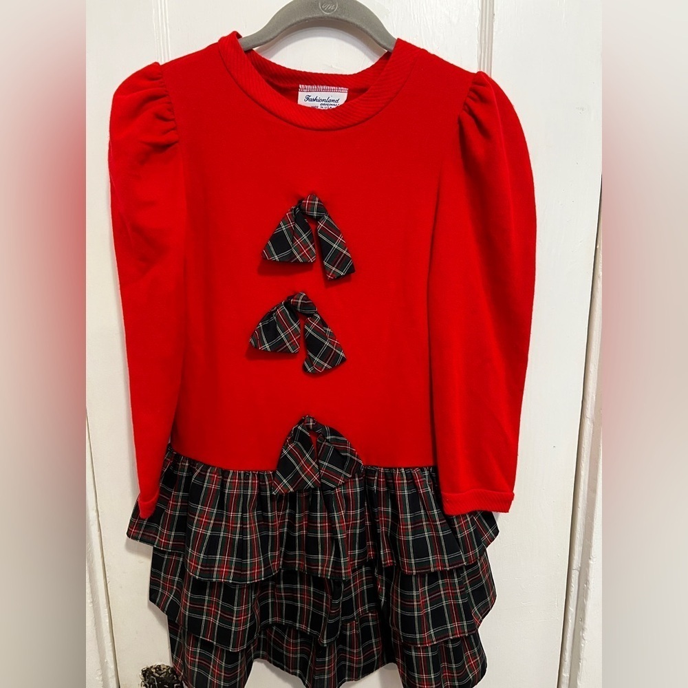 FASHIONLAND ORIGINALS Little Girls Red and Tartan Plaid Bow Dress VINTAGE
